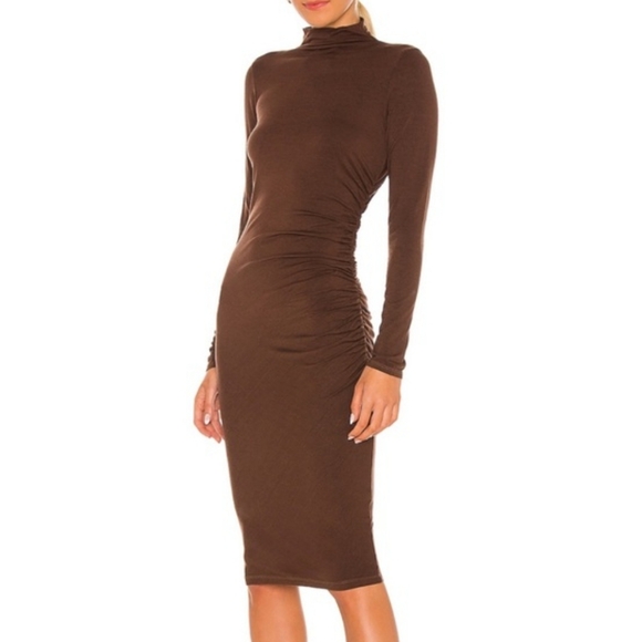 Popular 21 Mock Neck Long Sleeve Ruched Midi Brown Tshirt Dress NWT - Picture 2 of 9